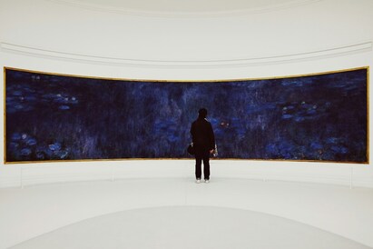 Person standing in Musee de L'Orangerie looking at Monet's 